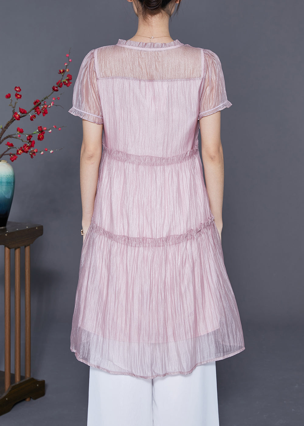 Pink Ruffled Patchwork Silk a Line Dress Summer