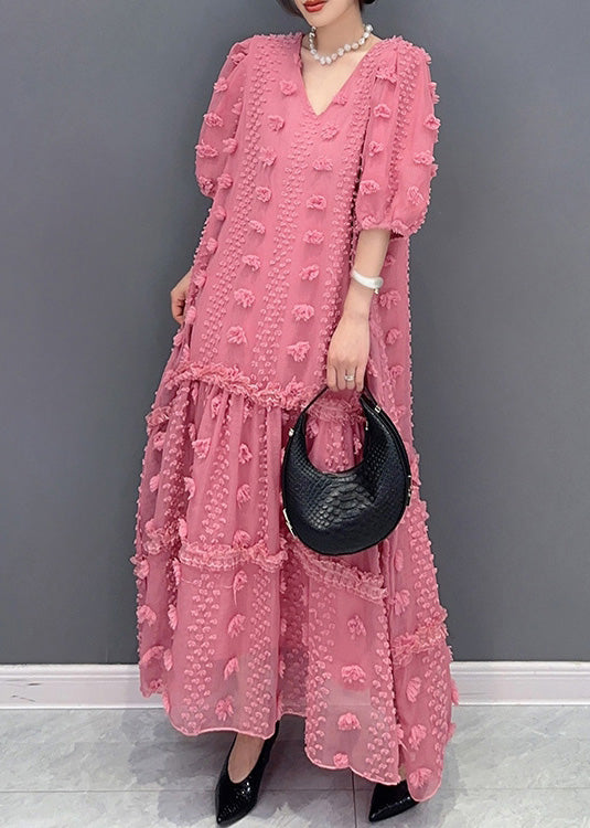 Pink Ruffled Patchwork Tulle Long Dress Summer