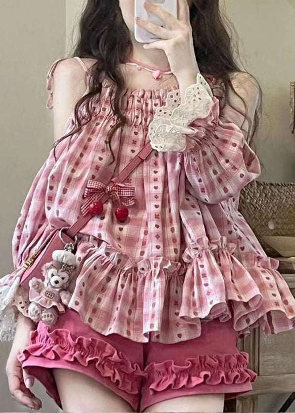 Pink Ruffled Print Patchwork Top and Shorts Two Pieces Set Summer
