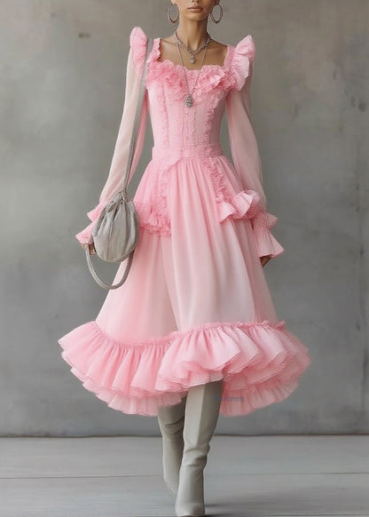 Pink Square Collar Ruffled Patchwork Tulle Maxi Dress Lantern Sleeve