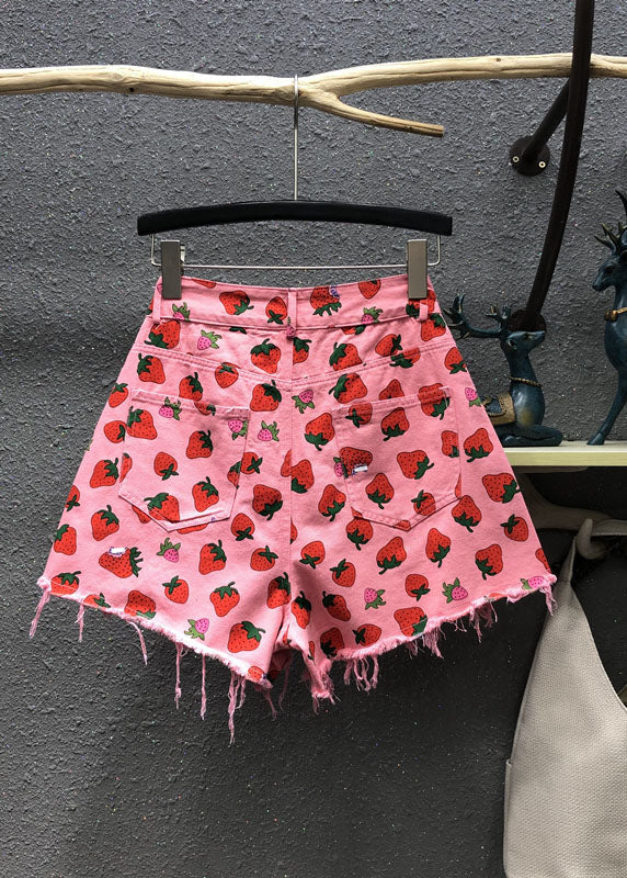 Pink Strawberry Print Pockets Denim Shorts Summer