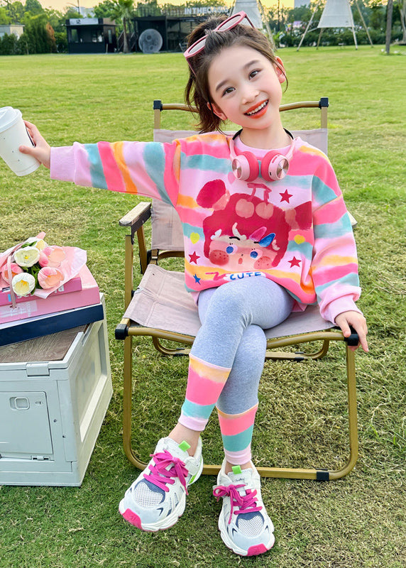 Pink Striped Print Top and Pants Two Pieces Set Spring