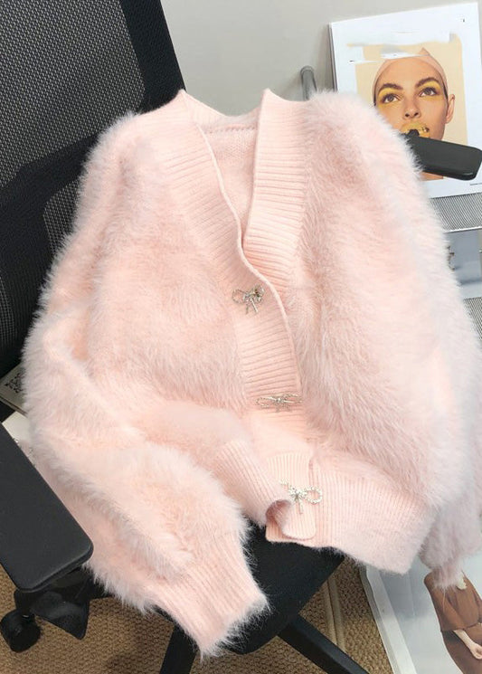 Pink V Neck Button Mink Hair Knitted Cardigan Winter