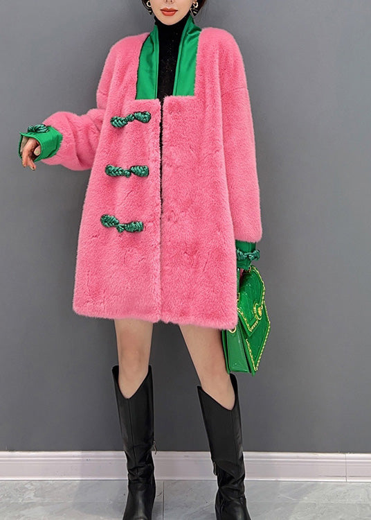 Pink V Neck Button Warm Thick Faux Fur Coats Winter