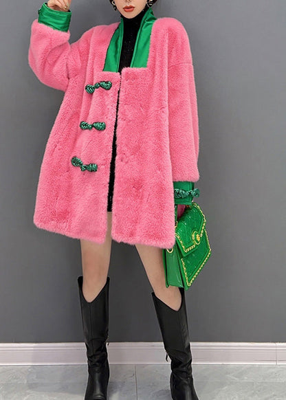 Pink V Neck Button Warm Thick Faux Fur Coats Winter