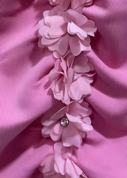 Pink V Neck Wrinkled Top Short Sleeve