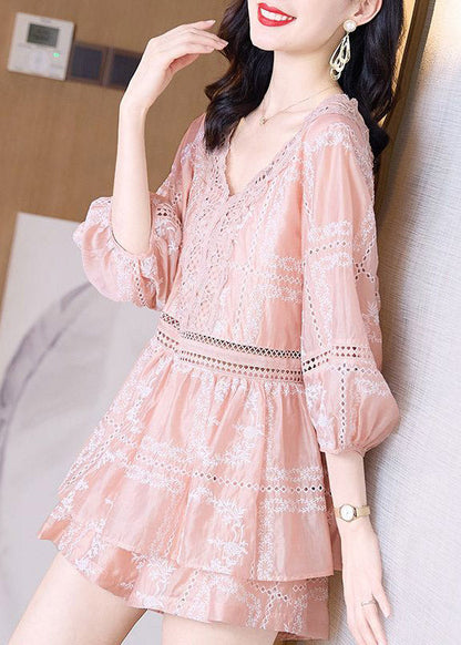 Pink V Neck Lace Patchwork Chiffon Shirts and Shorts Two Piece Set Summer