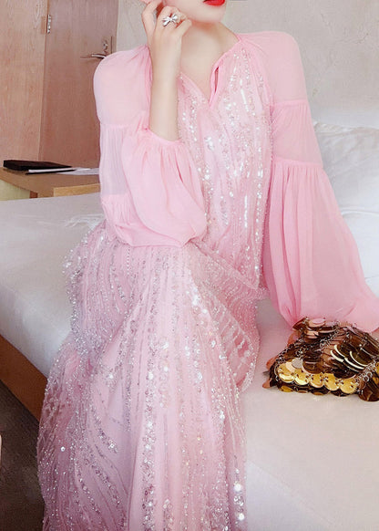 Pink V Neck Patchwork Sequins Silk Long Dress Lantern Sleeve