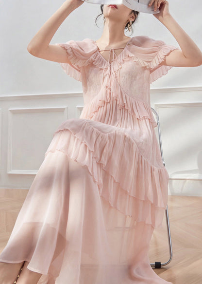 Pink V Neck Ruffled Patchwork Long Dress Short Sleeve