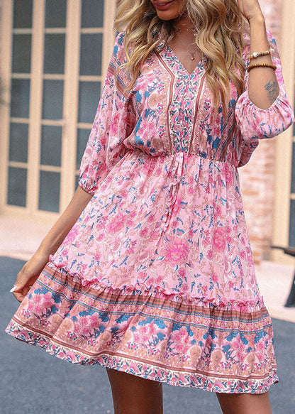 Pink V Neck Ruffled Patchwork Print Cotton Cinch Mid Dresses Half Sleeve