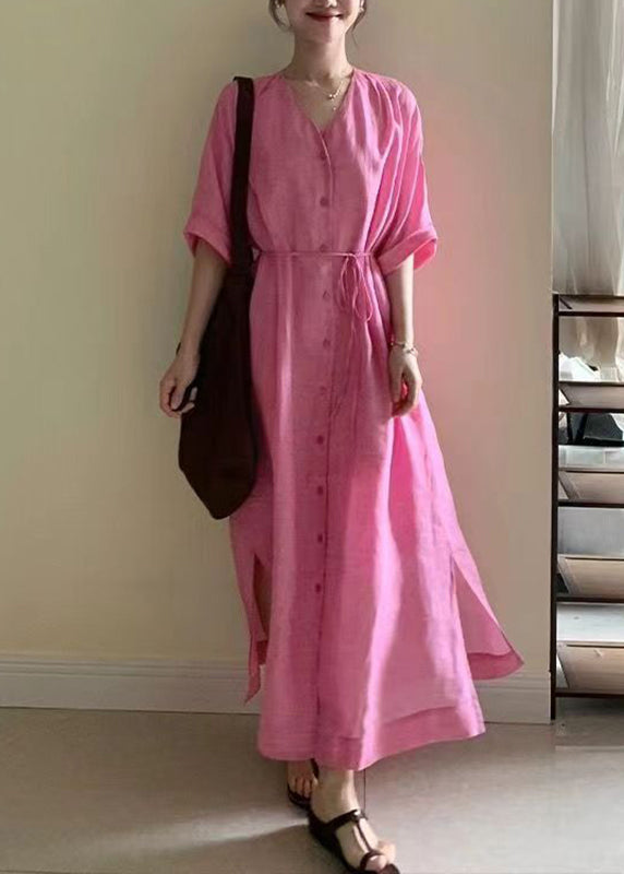Pink V Neck Side Open Tie Waist Maxi Dresses Long Sleeve