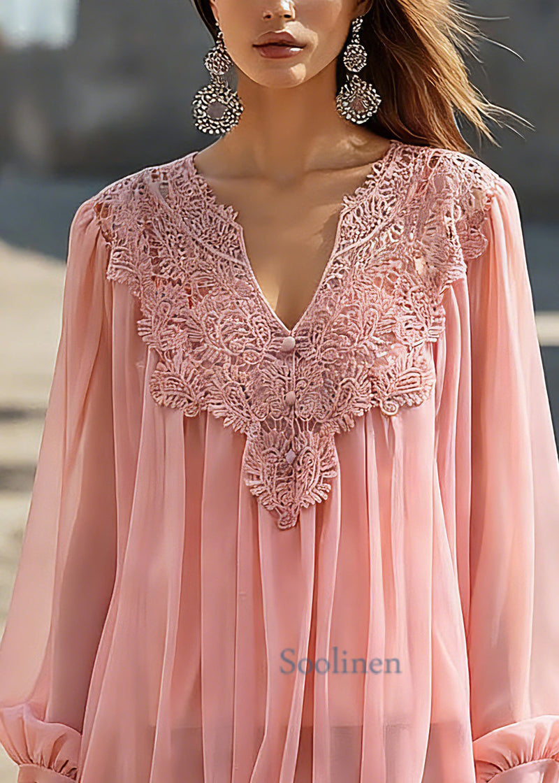 Pink V Neck Tulle Top Spring