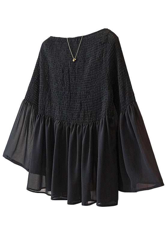 Pink Wrinkled Chiffon Blouse Tops Flare Sleeve