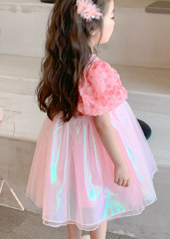 Pink Wrinkled Nail Bead Patchwork Tulle Baby Dress Short Sleeve