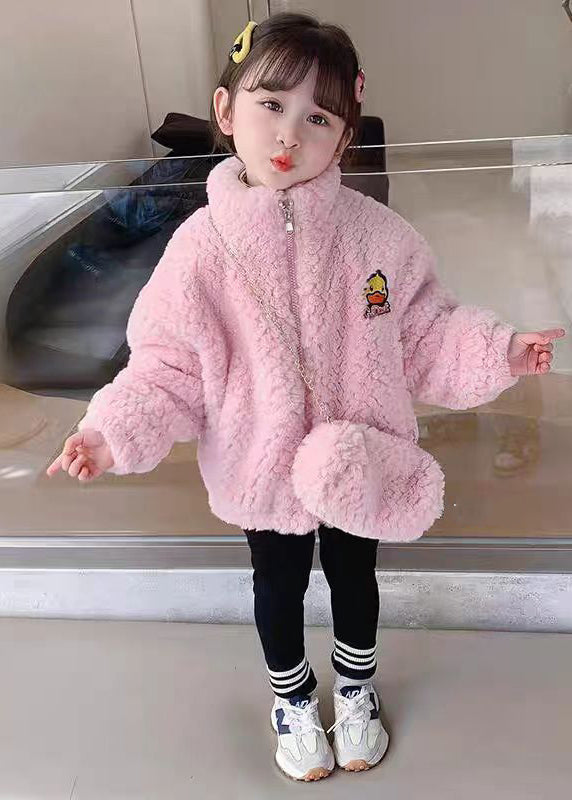 Pink Zip Up Pockets Teddy Faux Fur Coats Long Sleeve