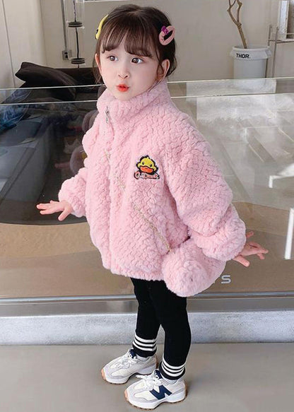 Pink Zip Up Pockets Teddy Faux Fur Coats Long Sleeve