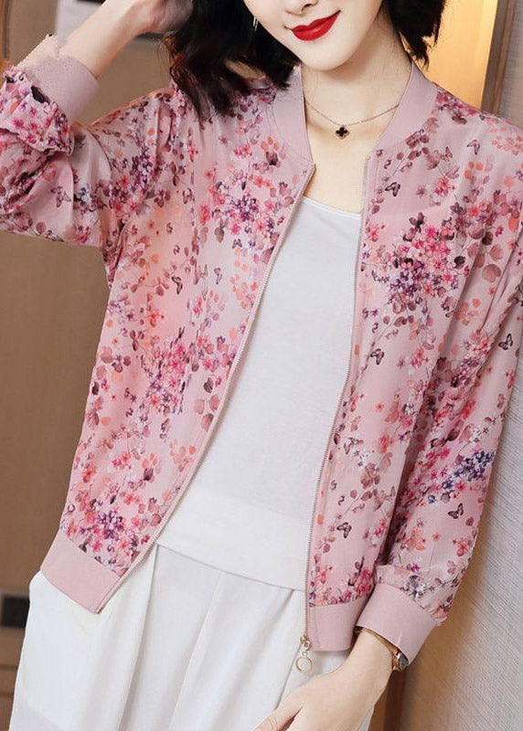 Pink Zipper Print Chiffon Sunscre Coat Long Sleeve