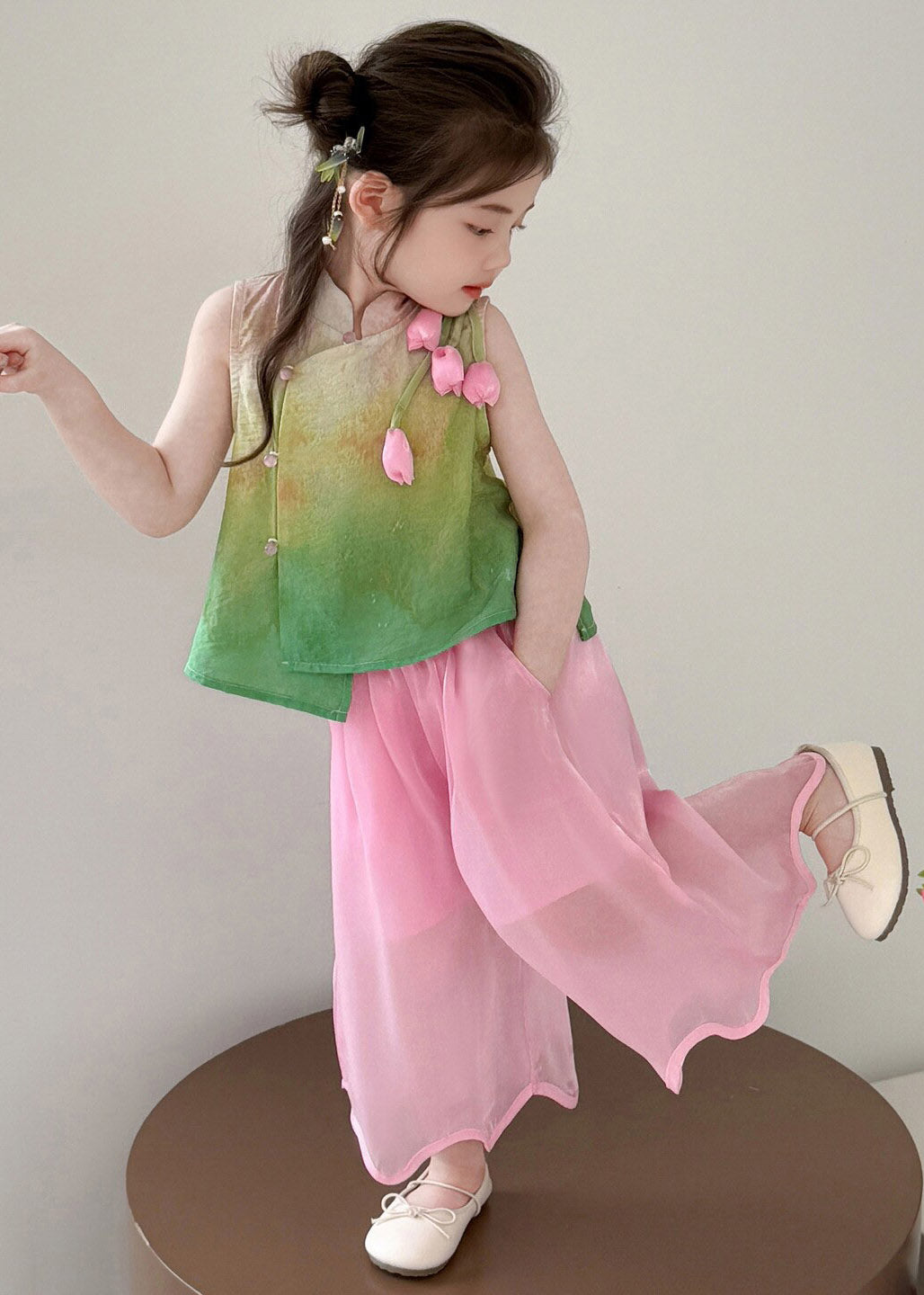 Print Stand Collar Tulip Kids Top and Wide Leg Pants Two Piece Set Summer