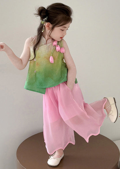 Print Stand Collar Tulip Kids Top and Wide Leg Pants Two Piece Set Summer