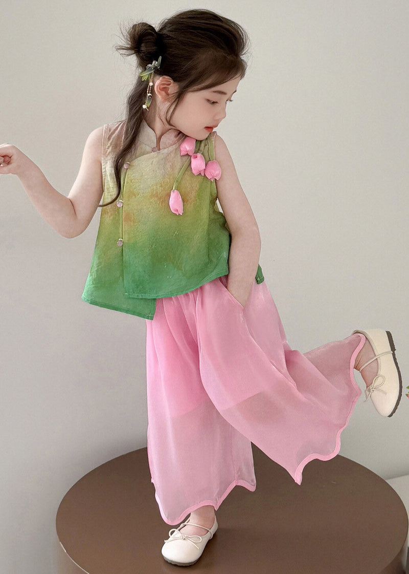 Print Stand Collar Tulip Kids Top and Wide Leg Pants Two Piece Set Summer