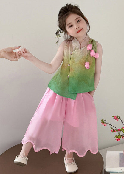 Print Stand Collar Tulip Kids Top and Wide Leg Pants Two Piece Set Summer