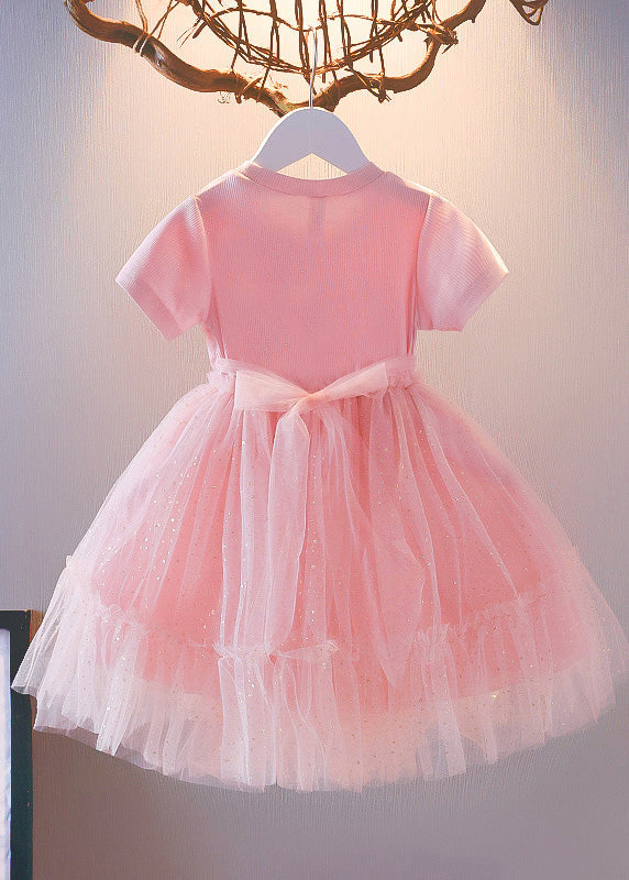 Purple Patchwork Wrinkled Tulle Kids Long Dress Short Sleeve