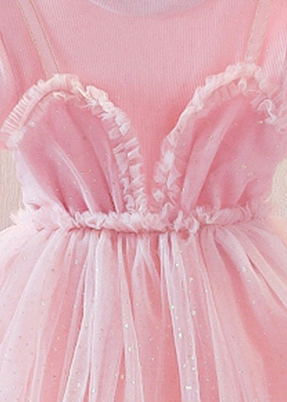 Purple Patchwork Wrinkled Tulle Kids Long Dress Short Sleeve