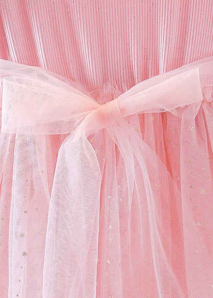 Purple Patchwork Wrinkled Tulle Kids Long Dress Short Sleeve