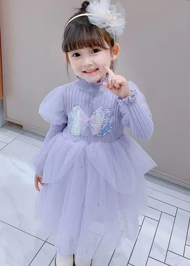 Purple Ruffled Sequins Patchwork Warm Fleece Kids Dress Winter