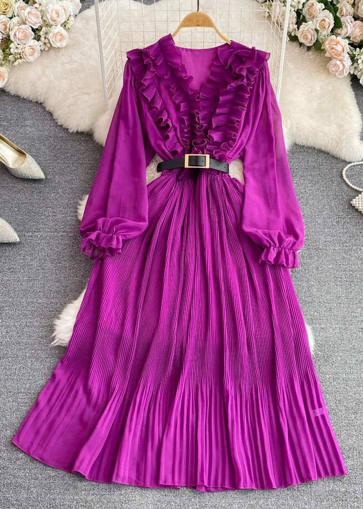 Purple V Neck Ruffled Tunic Sashes Maxi Dress Puff Sleeve