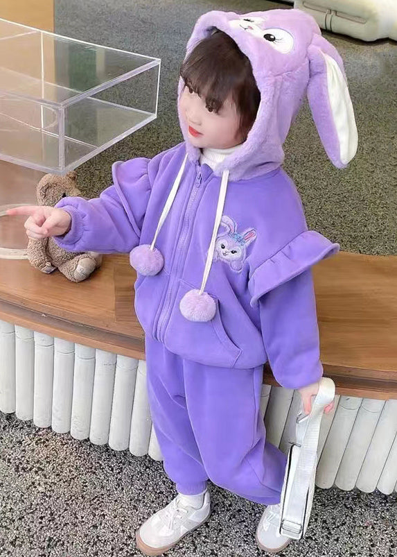 Purple Zippered Coats and Pants Warm Fleece Two Piece Set Spring