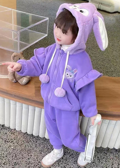 Purple Zippered Coats and Pants Warm Fleece Two Piece Set Spring
