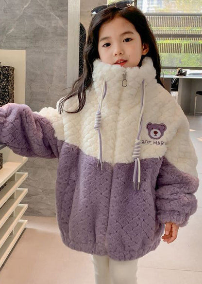 Purple Zippered Patchwork Fluffy Coat Winter