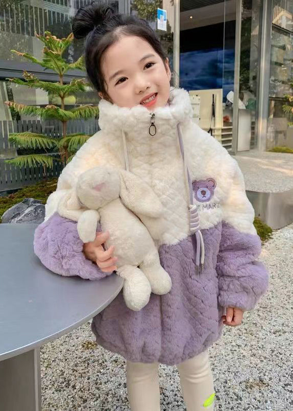 Purple Zippered Patchwork Fluffy Coat Winter