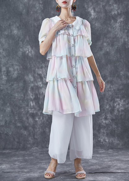 Rainbow Peter Pan Collar Layered Ruffles Chiffon Dresses Summer