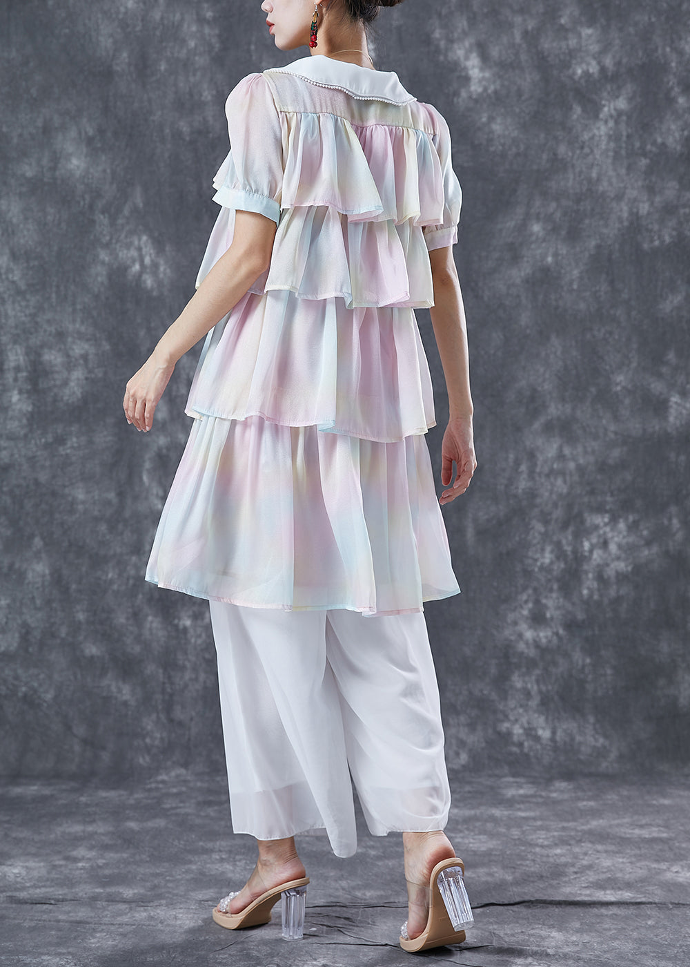 Rainbow Peter Pan Collar Layered Ruffles Chiffon Dresses Summer