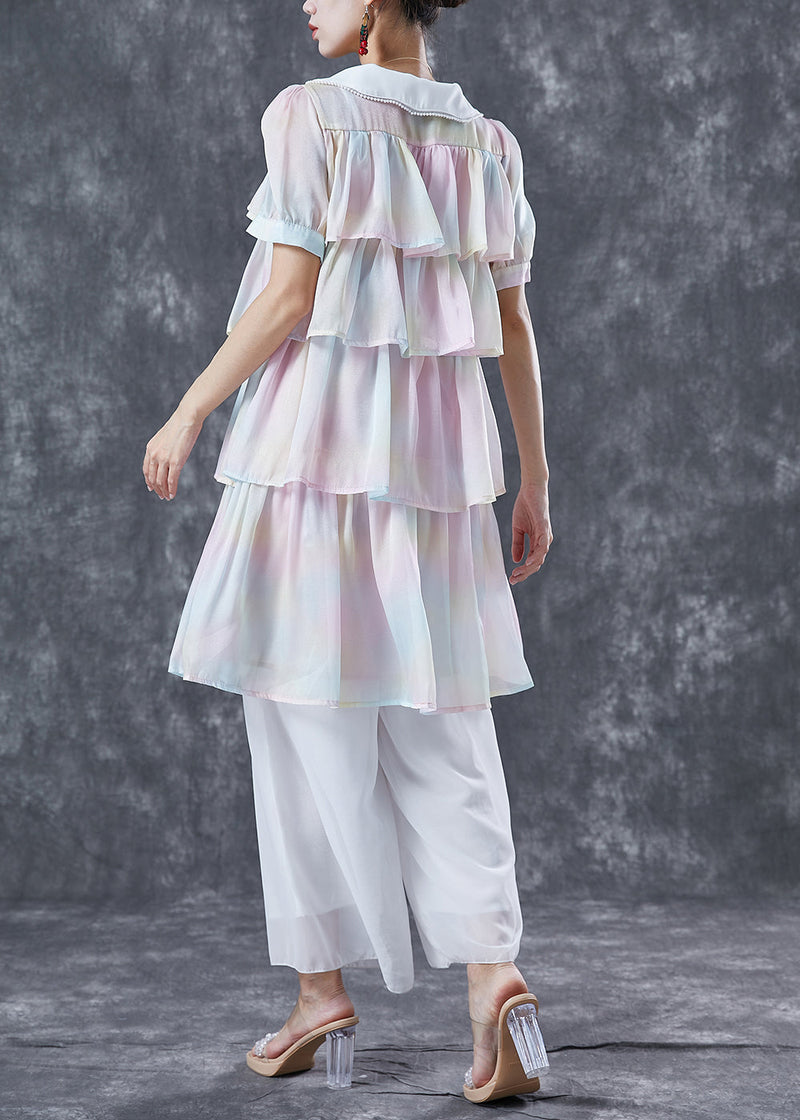 Rainbow Peter Pan Collar Layered Ruffles Chiffon Dresses Summer