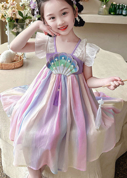 Rainbow Ruffled Nail Bead Patchwork Chiffon Baby Dress Summer