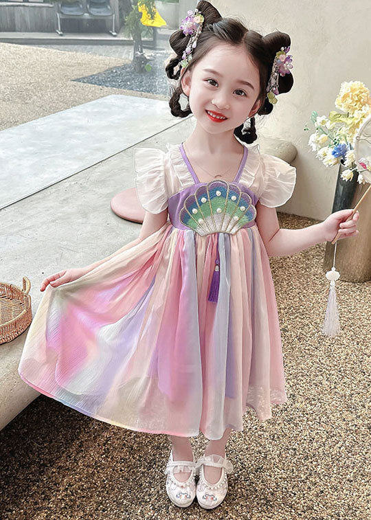 Rainbow Ruffled Nail Bead Patchwork Chiffon Baby Dress Summer