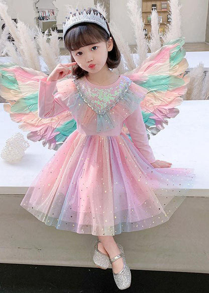 Rainbow Ruffled Sequins Patchwork Tulle Baby Party Dress Long Sleeve