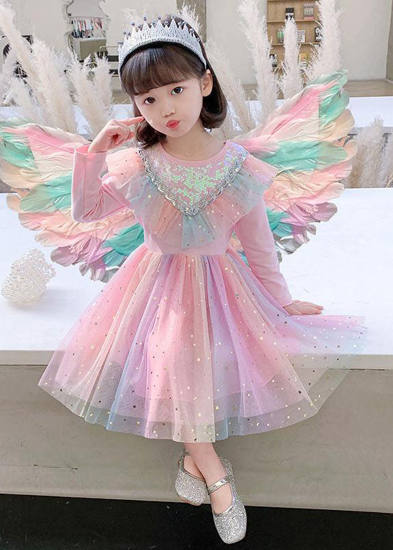 Rainbow Ruffled Sequins Patchwork Tulle Baby Party Dress Long Sleeve