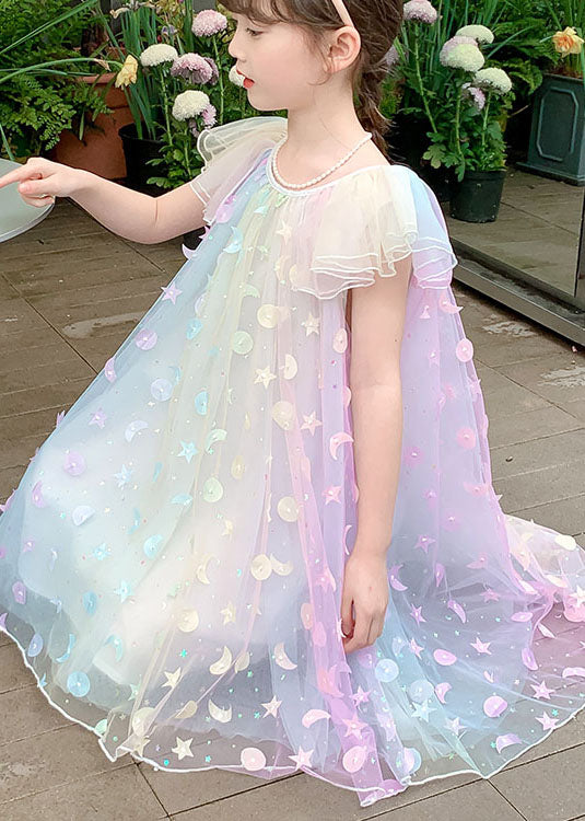 Rainbow Sequins Wrinkled Patchwork Tulle Kids Princess Dress Summer