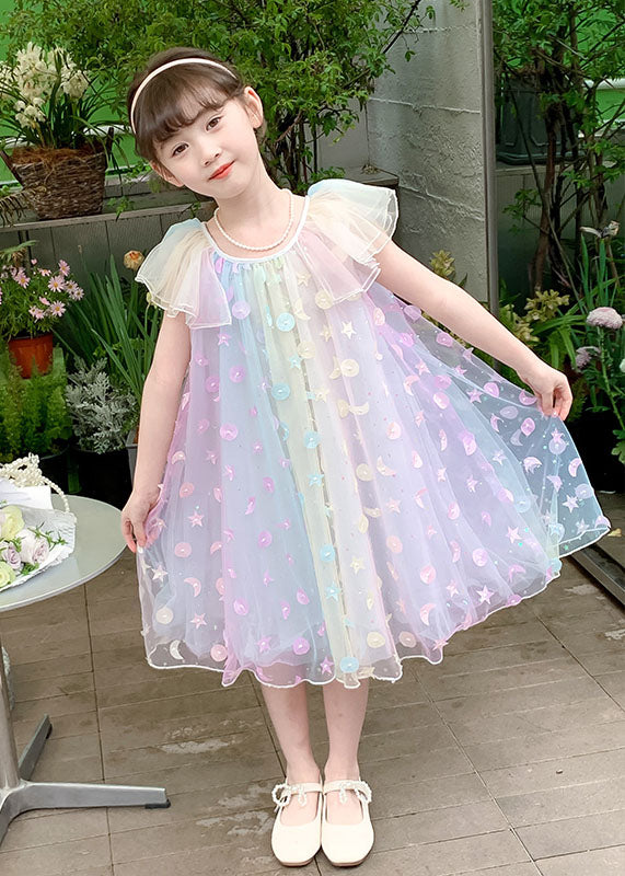 Rainbow Sequins Wrinkled Patchwork Tulle Kids Princess Dress Summer