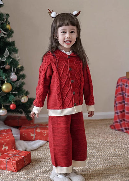 Red Patchwork Cotton Knit Kids Cardigans and Crop Pants Two Piece Set Spring