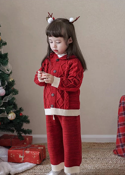 Red Patchwork Cotton Knit Kids Cardigans and Crop Pants Two Piece Set Spring