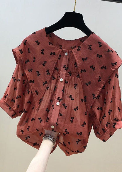 Red Peter Pan Collar Print Chiffon Shirts Tops Summer