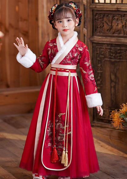 Red Tie Waist Embroideried Patchwork Tulle Kids Maxi Dresses Long Sleeve