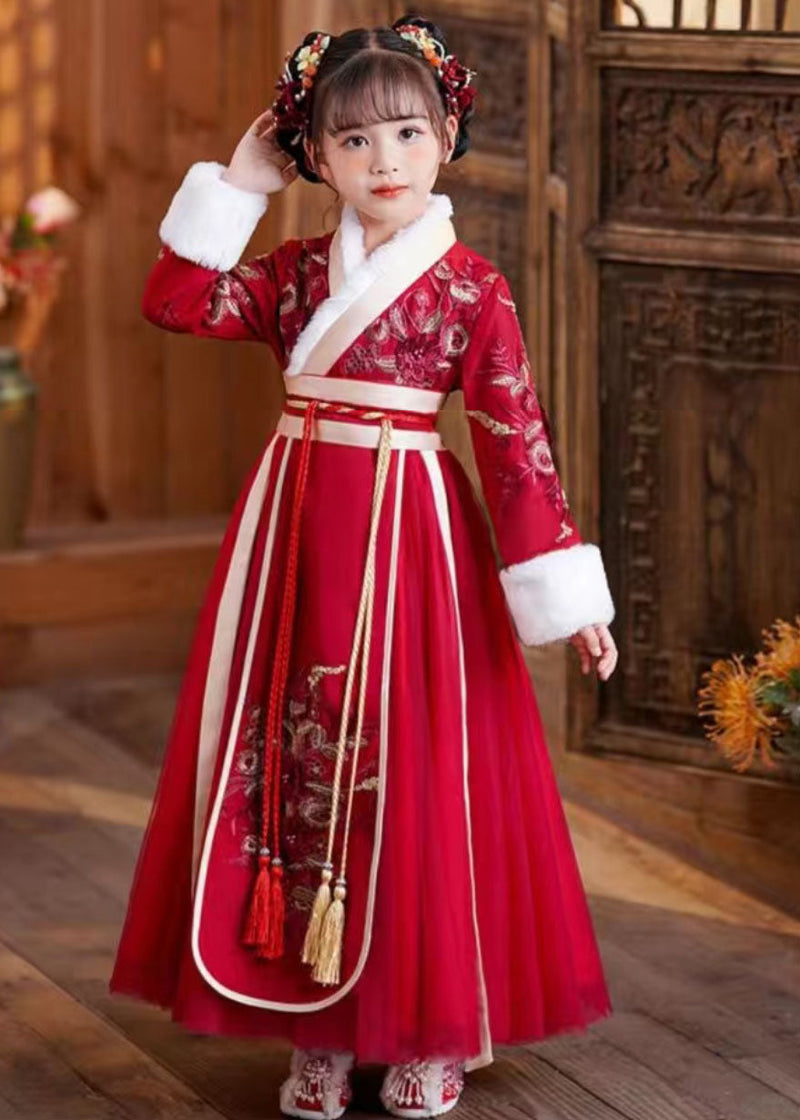 Red Tie Waist Embroideried Patchwork Tulle Kids Maxi Dresses Long Sleeve