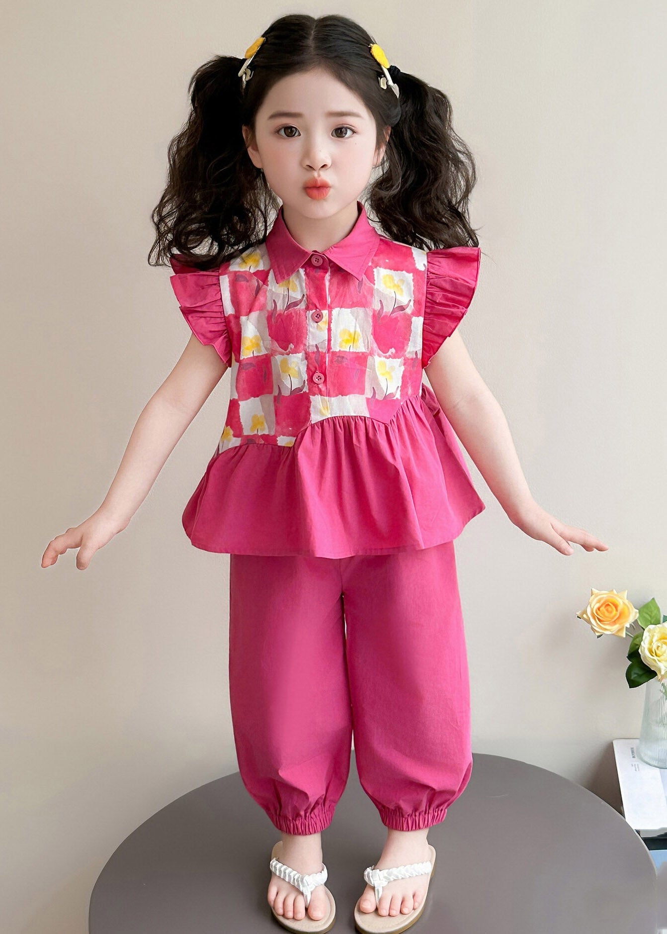 Red Wrinkled Patchwork Kids Vest and Lantern Pants Two Pieces Set Short Sleeve