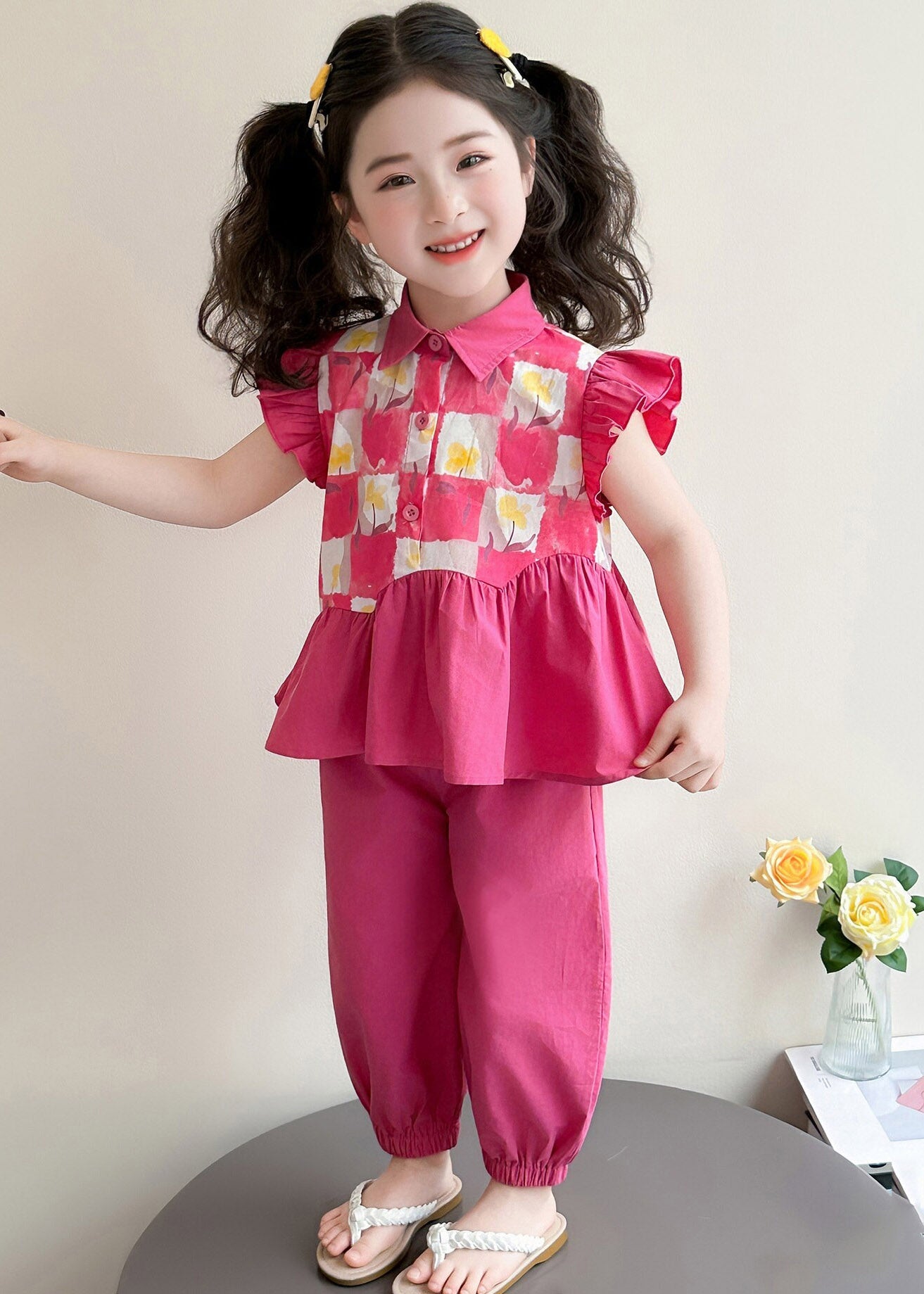 Red Wrinkled Patchwork Kids Vest and Lantern Pants Two Pieces Set Short Sleeve